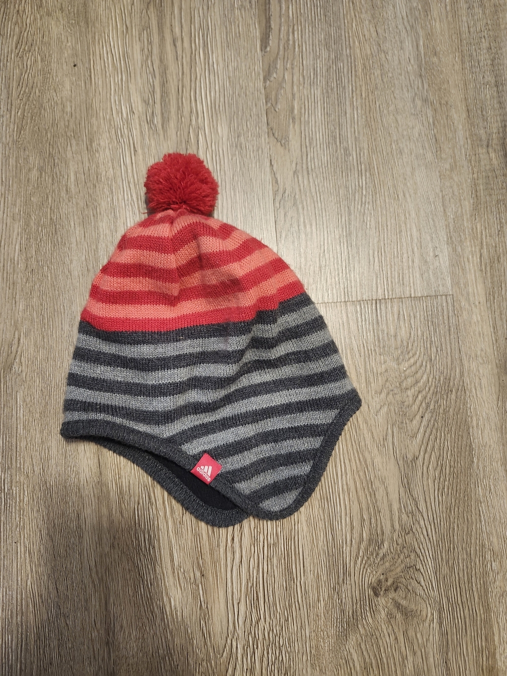 adidas Kids Red and Gray Striped Pom Pom Earflap Beanie